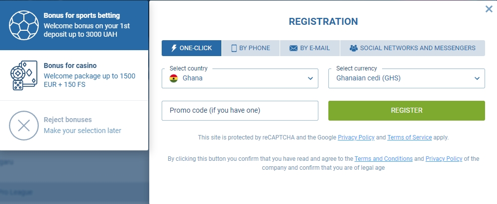 1xBet One click Registration